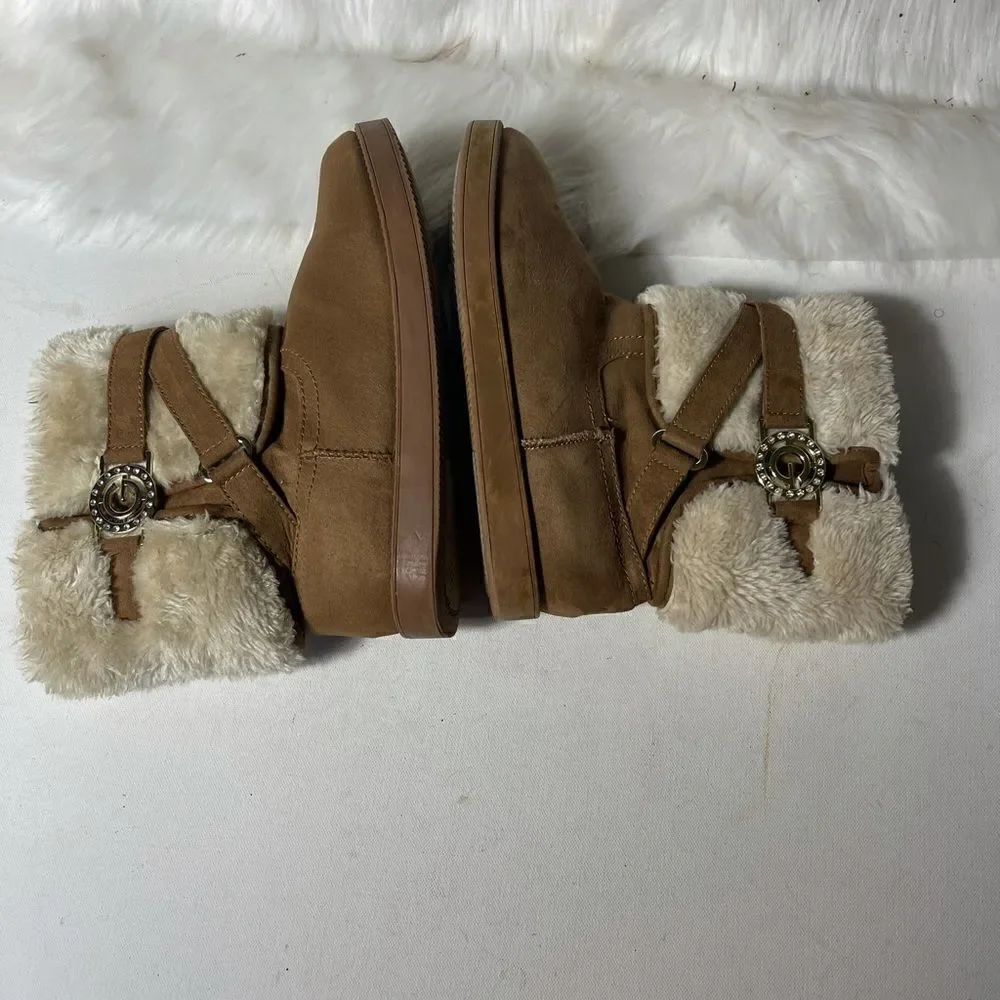 G by Gess tan suede faux fur ankle boots with side buckle slip on.
